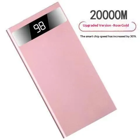Ultra-thin 20000mAh alloy power bank in Aurora Silver with USB cable, showing power display