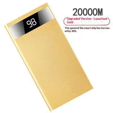 Ultra-thin 20000mAh alloy power bank in Aurora Silver with USB cable, showing power display