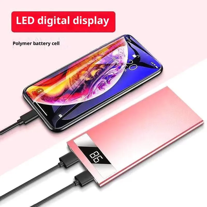 Ultra-thin 20000mAh alloy power bank in Aurora Silver with USB cable, showing power display