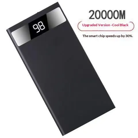 Ultra-thin 20000mAh alloy power bank in Aurora Silver with USB cable, showing power display