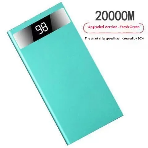 Ultra-thin 20000mAh alloy power bank in Aurora Silver with USB cable, showing power display