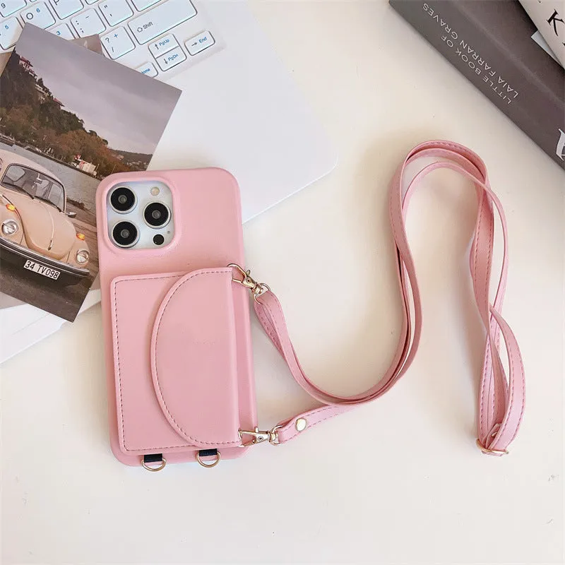 Litchi pattern phone case with coin purse card holder and lanyard for iPhone on white background