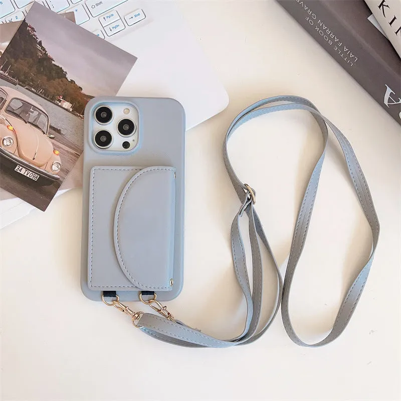 Litchi pattern phone case with coin purse card holder and lanyard for iPhone on white background
