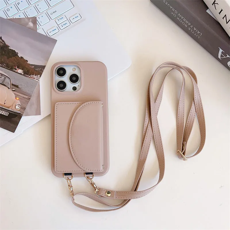 Litchi pattern phone case with coin purse card holder and lanyard for iPhone on white background