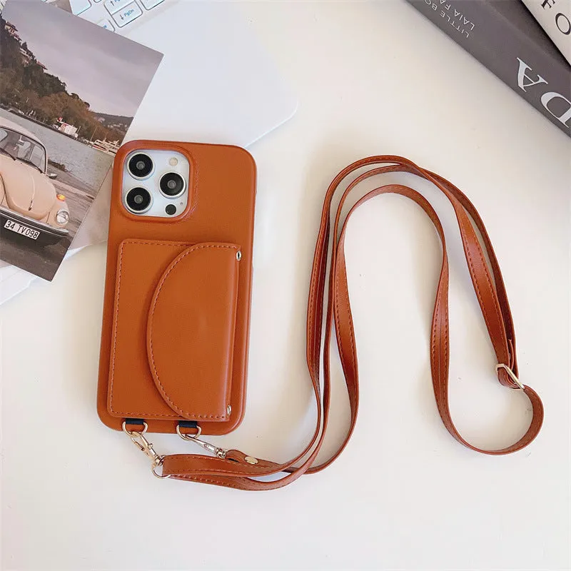 Litchi pattern phone case with coin purse card holder and lanyard for iPhone on white background