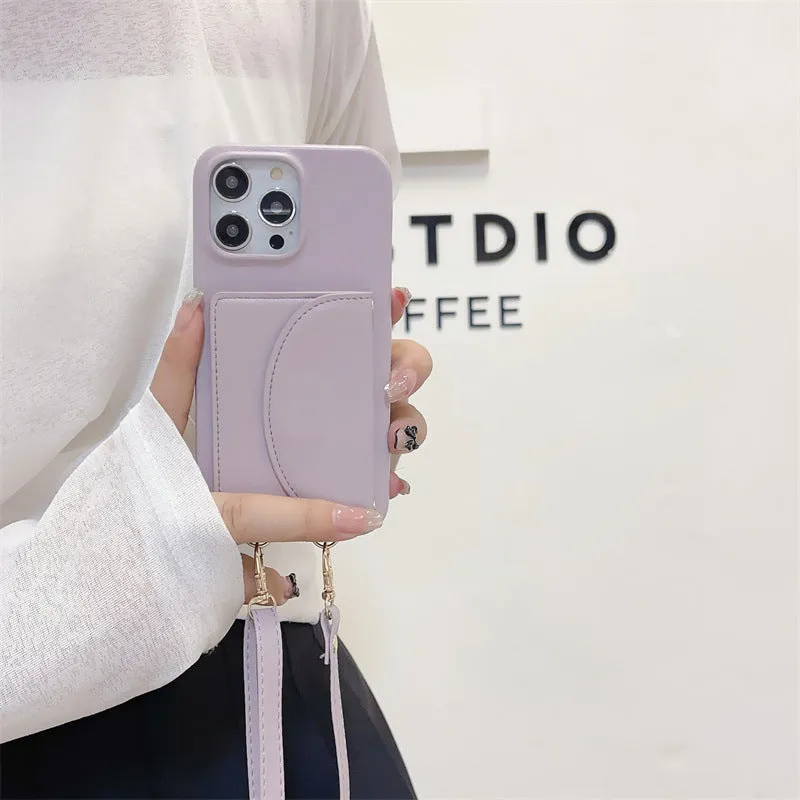 Litchi pattern phone case with coin purse card holder and lanyard for iPhone on white background