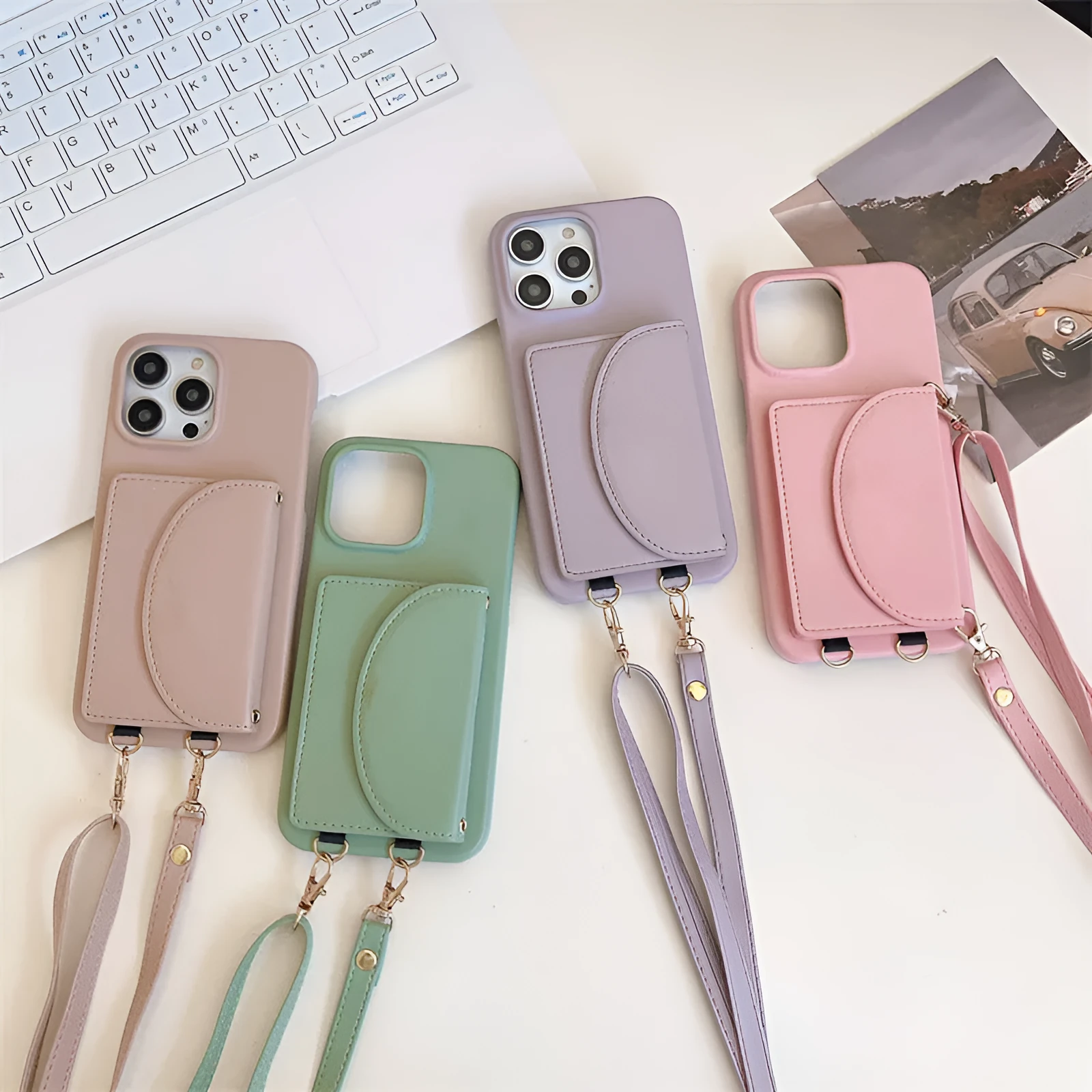 Litchi pattern phone case with coin purse card holder and lanyard for iPhone on white background