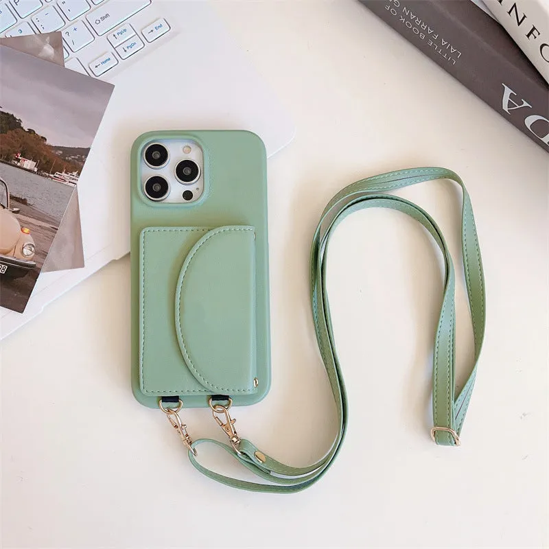Litchi pattern phone case with coin purse card holder and lanyard for iPhone on white background