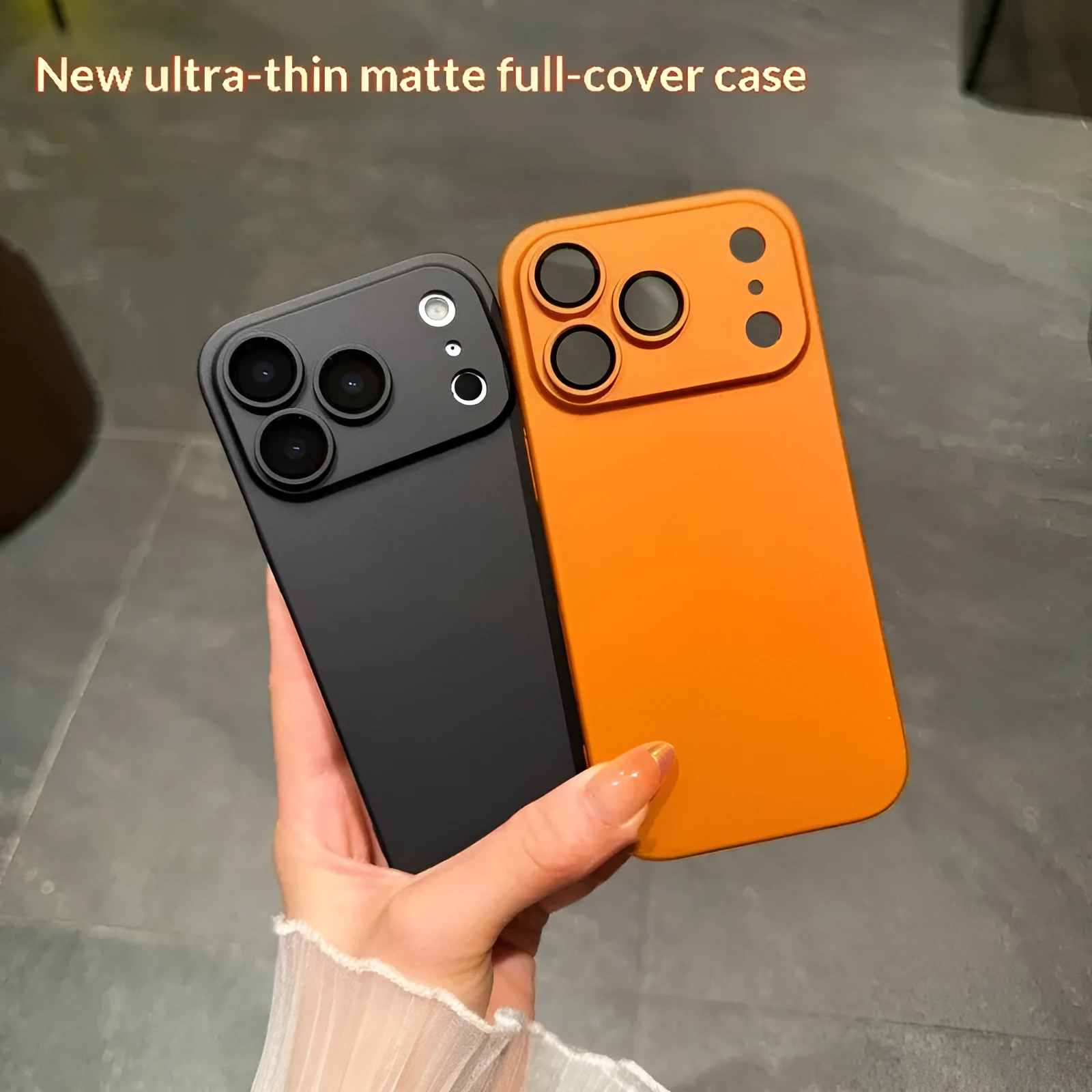Ultra-thin PC phone case with built-in camera lens protector and frosted finish for iPhone, showing full back coverage.