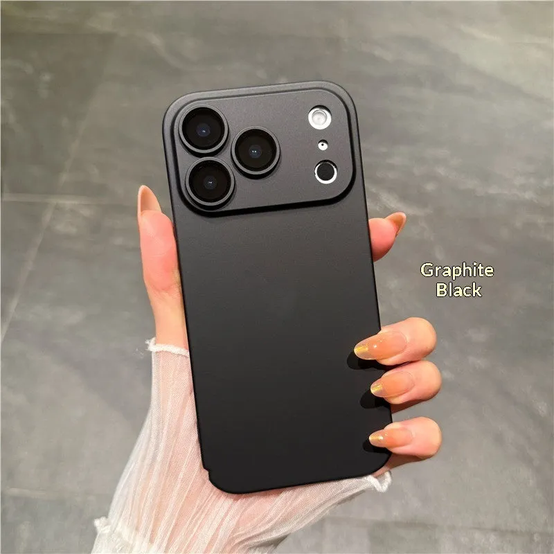 Ultra-thin PC phone case with built-in camera lens protector and frosted finish for iPhone, showing full back coverage.