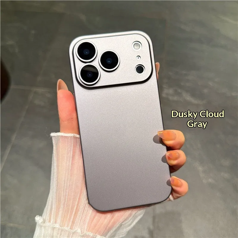 Ultra-thin PC phone case with built-in camera lens protector and frosted finish for iPhone, showing full back coverage.