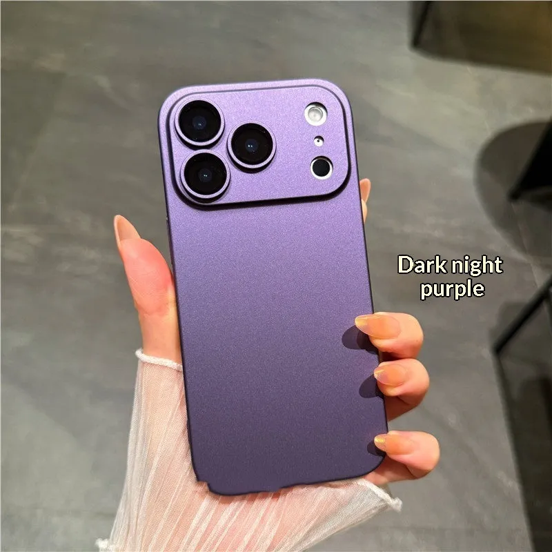 Ultra-thin PC phone case with built-in camera lens protector and frosted finish for iPhone, showing full back coverage.