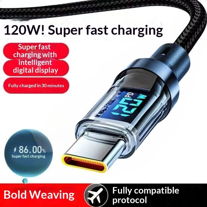 Smart digital display Type-C cable 240W super fast charging black nylon braided 1m 2m