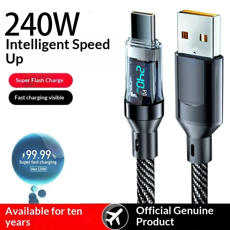 Smart digital display Type-C cable 240W super fast charging black nylon braided 1m 2m