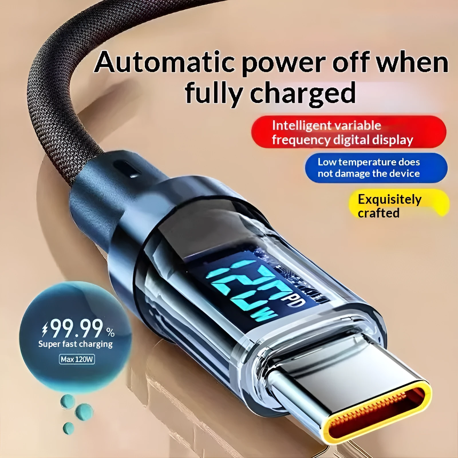 Smart digital display Type-C cable 240W super fast charging black nylon braided 1m 2m