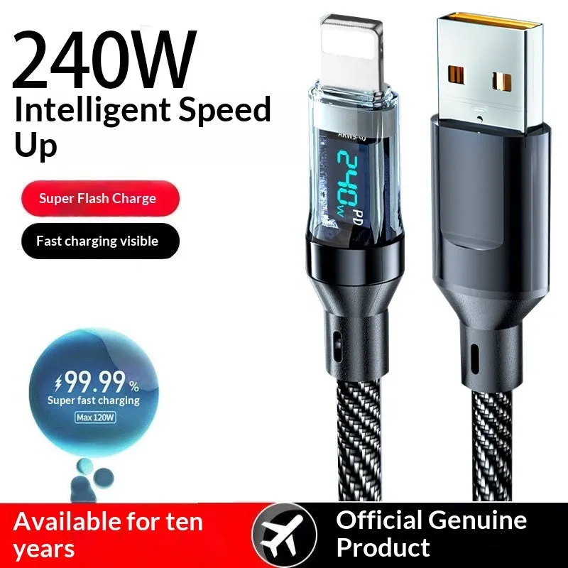 Smart digital display Type-C cable 240W super fast charging black nylon braided 1m 2m