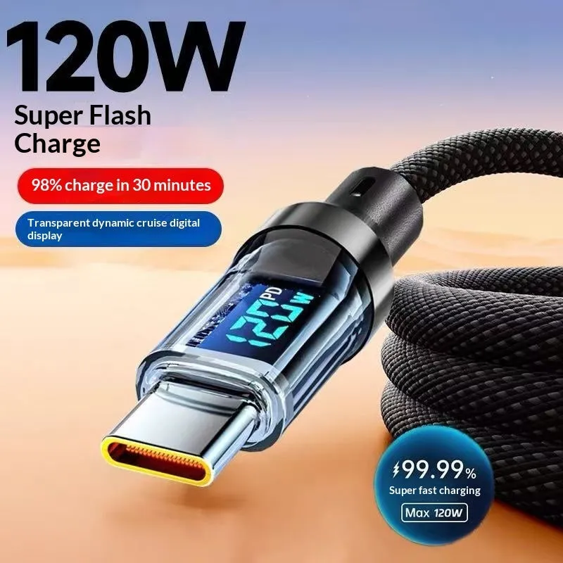 Smart digital display Type-C cable 240W super fast charging black nylon braided 1m 2m