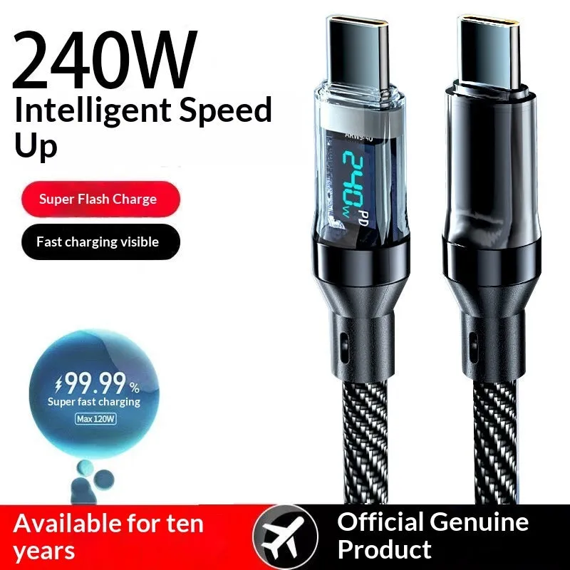 Smart digital display Type-C cable 240W super fast charging black nylon braided 1m 2m