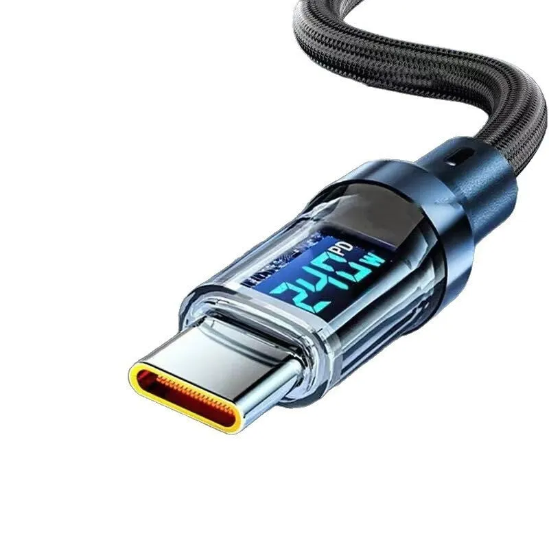 Smart digital display Type-C cable 240W super fast charging black nylon braided 1m 2m