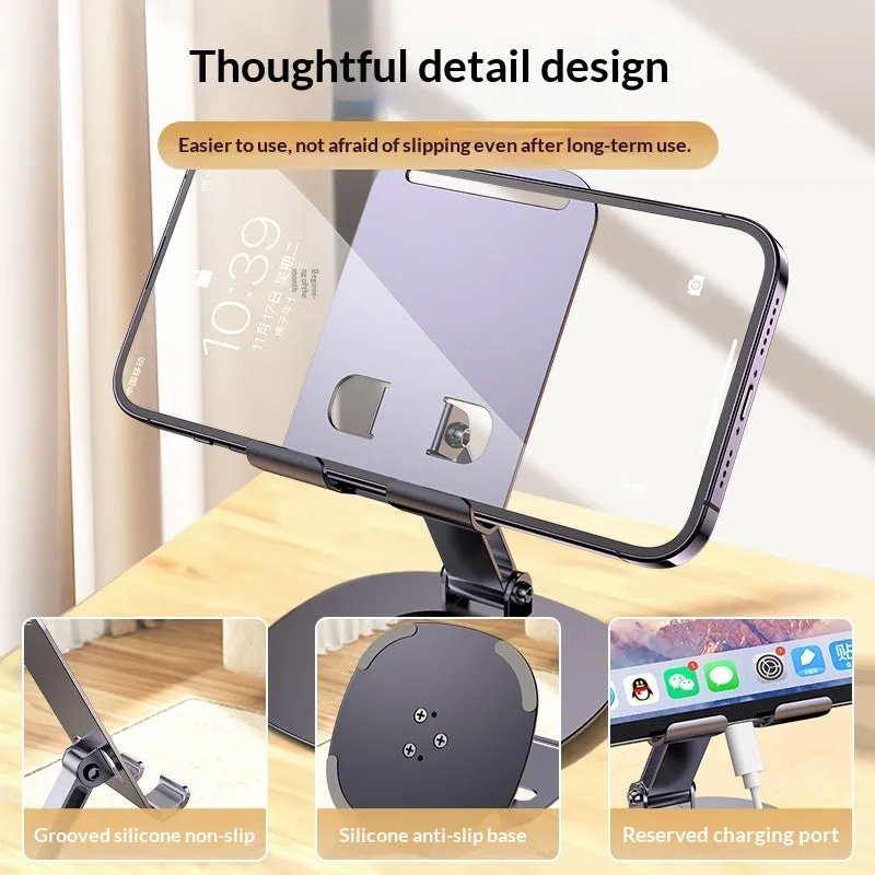 Desktop folding aluminium alloy phone stand in Gun Gray with upright smartphone