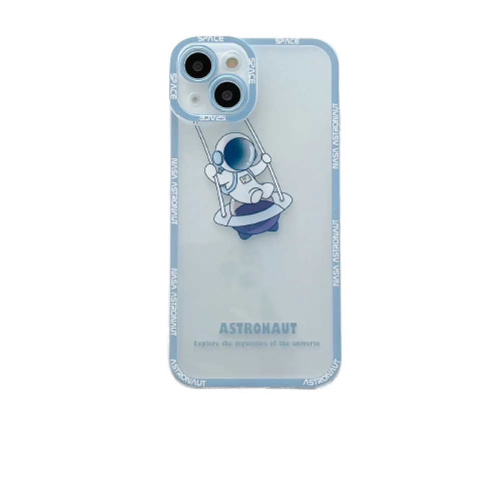 Transparent silicone iPhone case with blue astronaut print showing phone compatibility