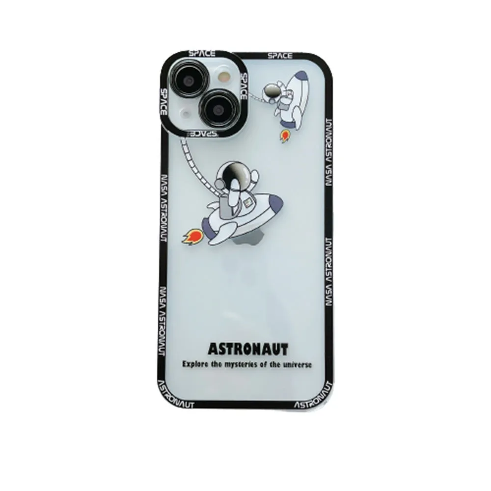 Transparent silicone iPhone case with blue astronaut print showing phone compatibility