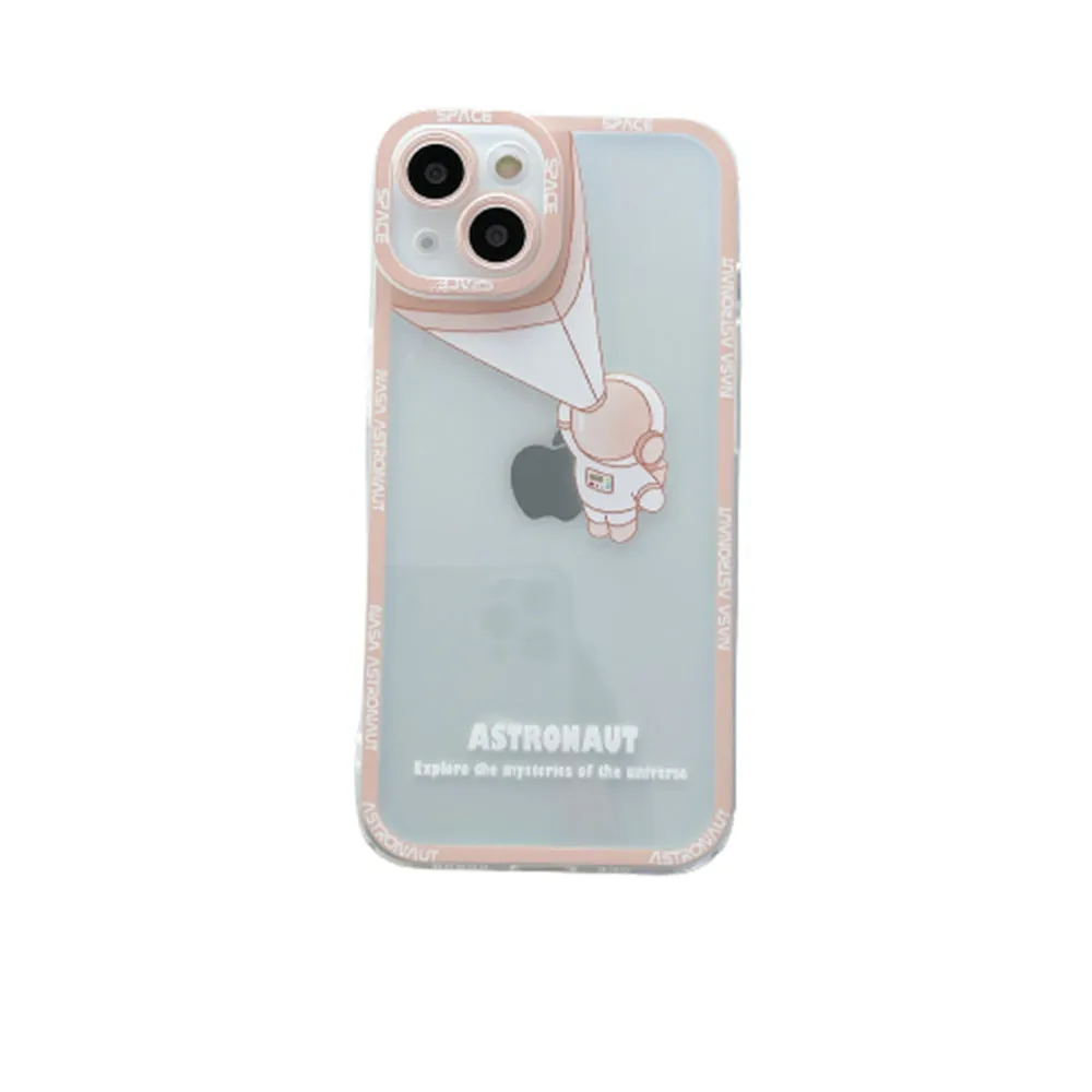 Transparent silicone iPhone case with blue astronaut print showing phone compatibility