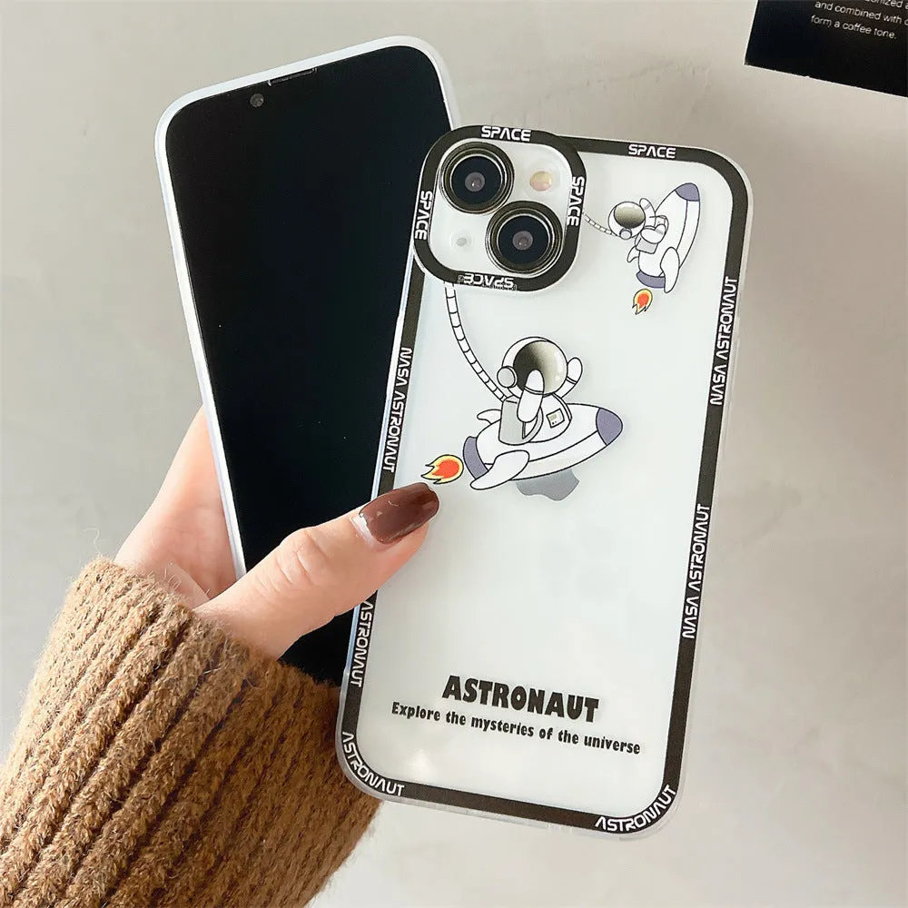 Transparent silicone iPhone case with blue astronaut print showing phone compatibility
