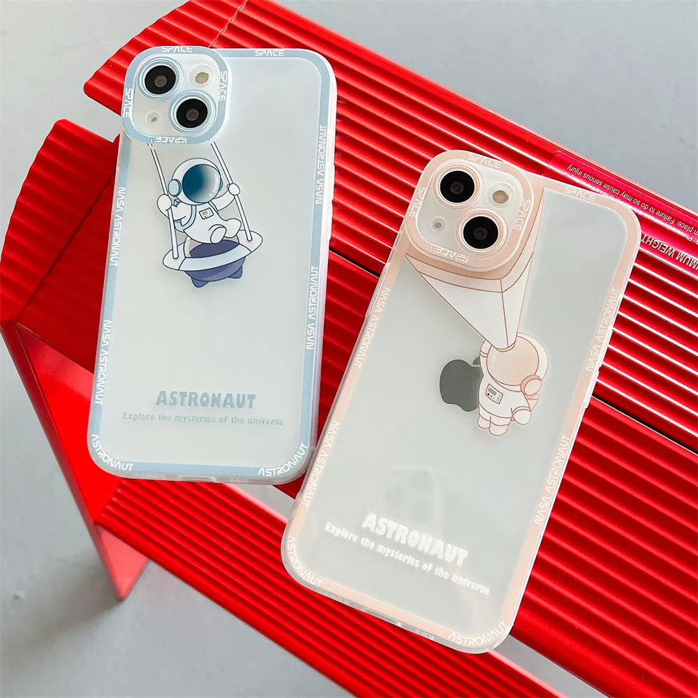 Transparent silicone iPhone case with blue astronaut print showing phone compatibility