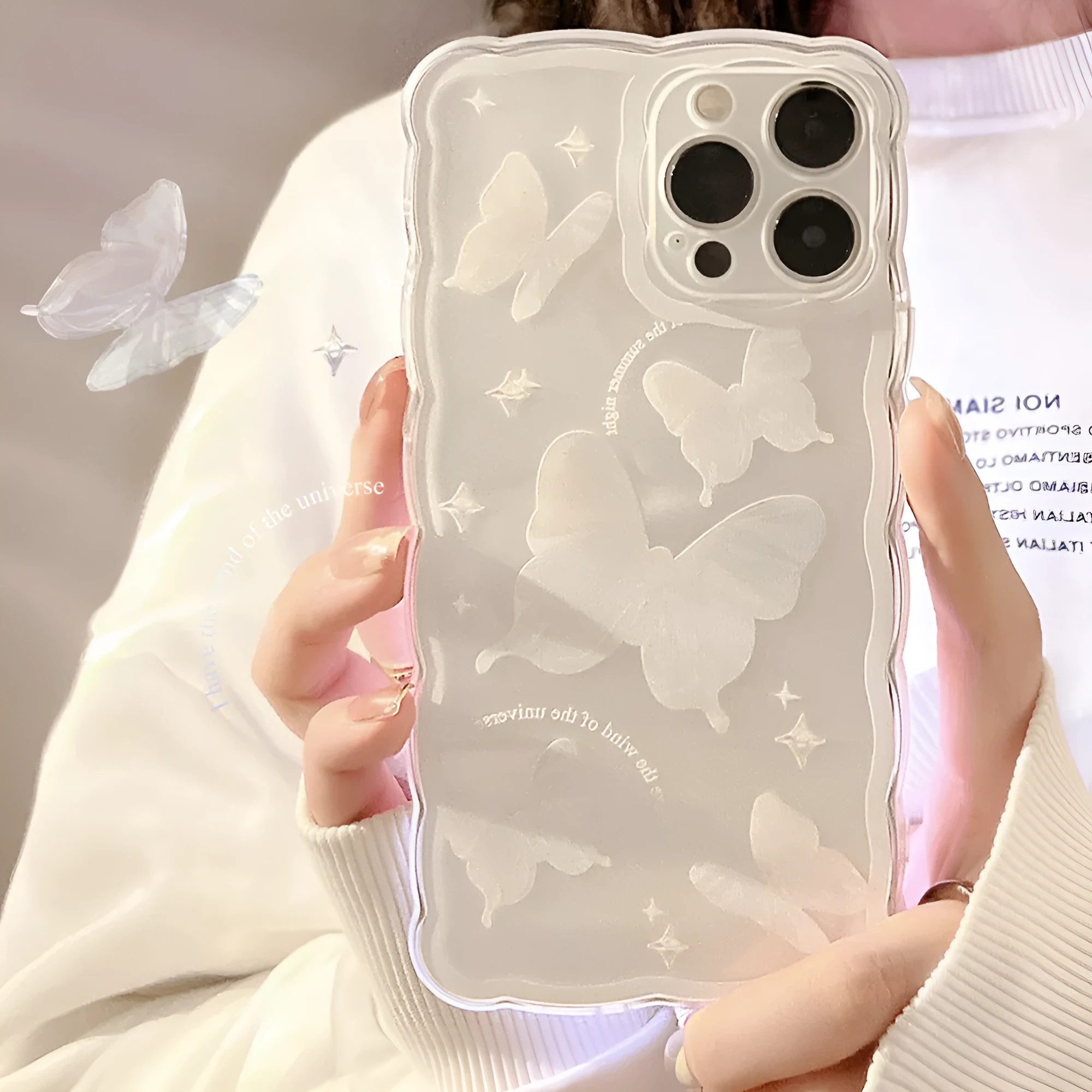 Transparent TPU phone case with painted white crystal butterfly for IPhone