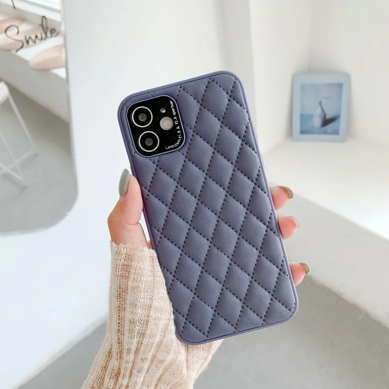 Solid colour diamond plaid imitation leather phone case for iPhone with textured lambskin finish