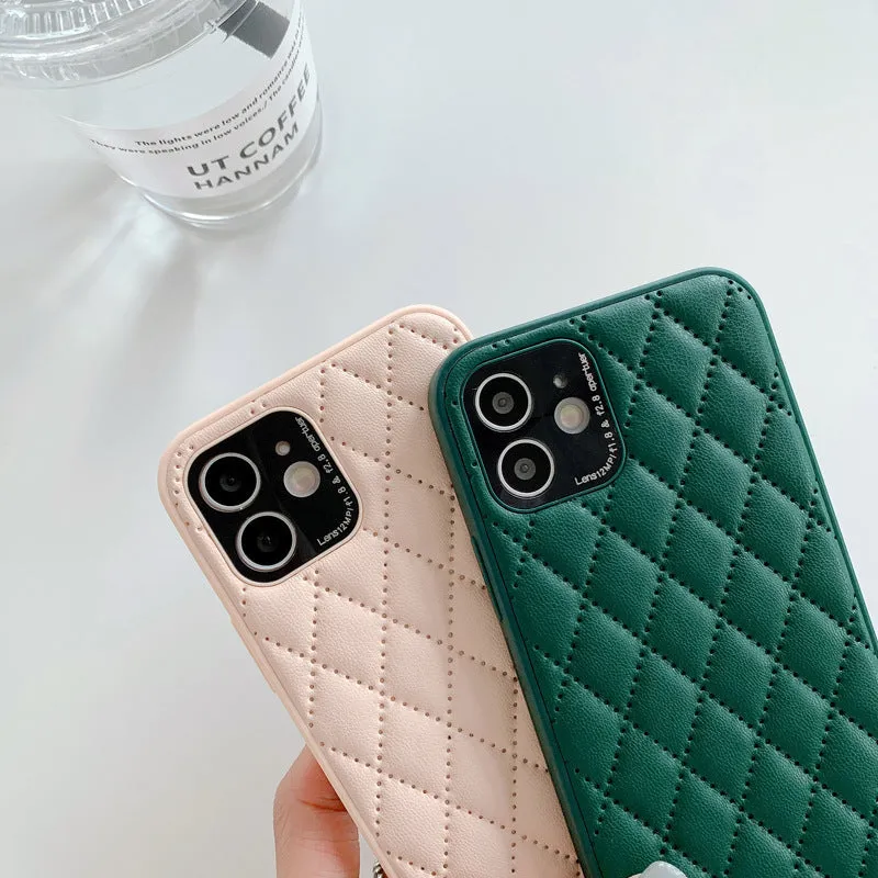 Solid colour diamond plaid imitation leather phone case for iPhone with textured lambskin finish