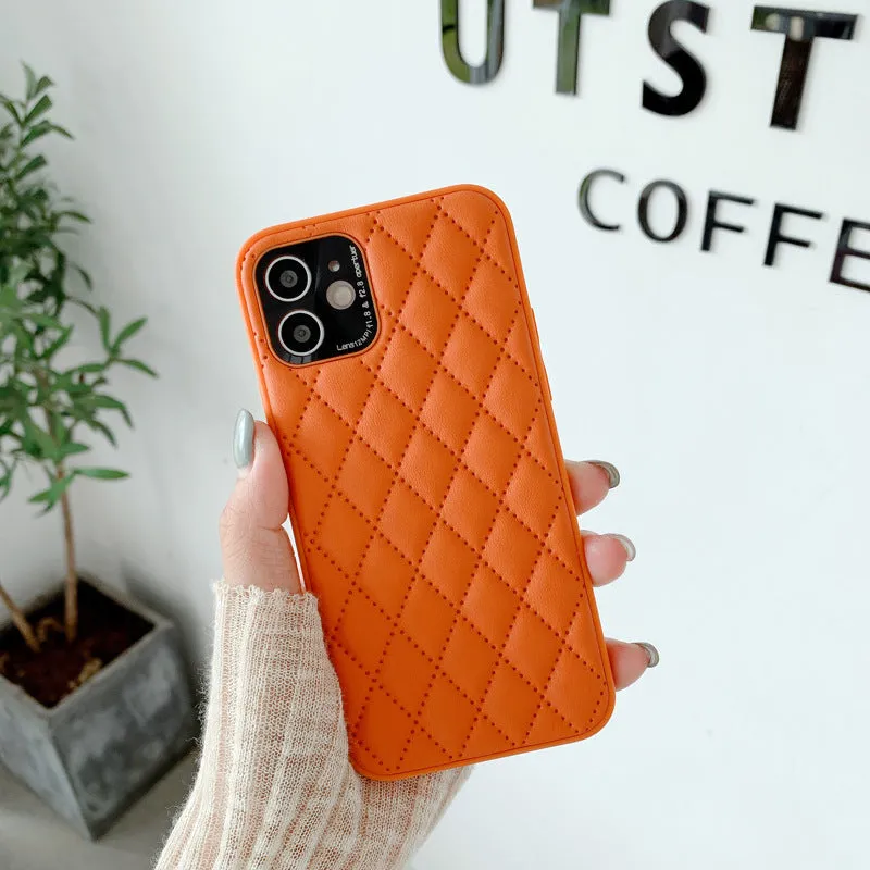 Solid colour diamond plaid imitation leather phone case for iPhone with textured lambskin finish