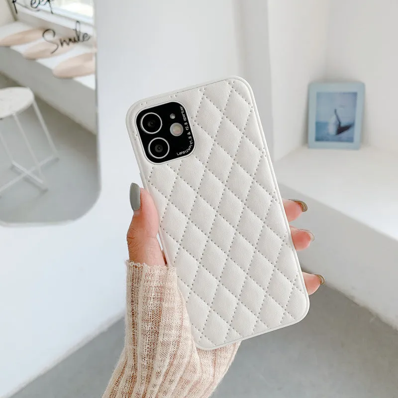 Solid colour diamond plaid imitation leather phone case for iPhone with textured lambskin finish
