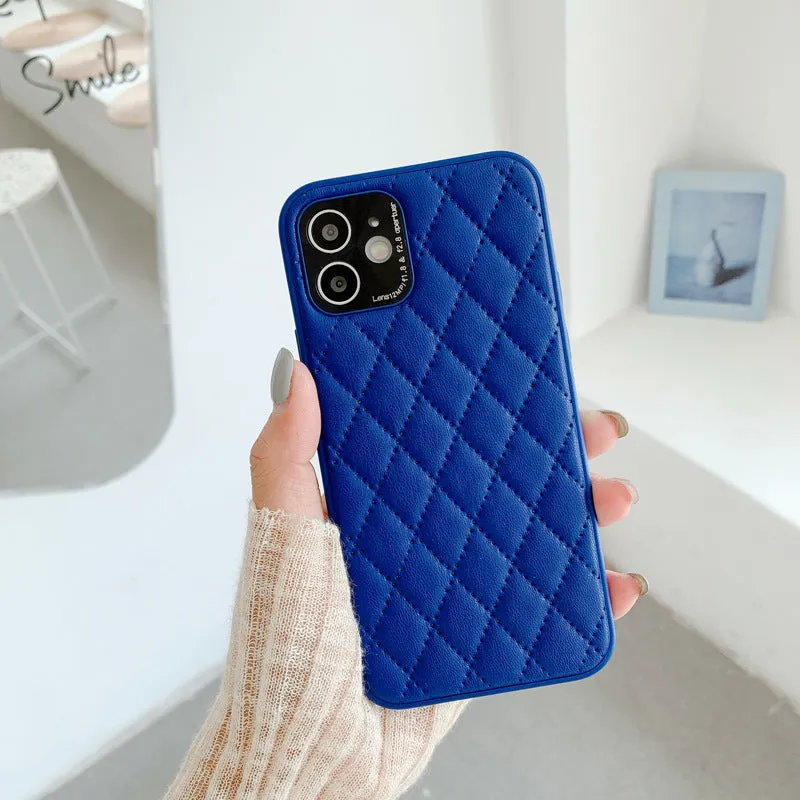 Solid colour diamond plaid imitation leather phone case for iPhone with textured lambskin finish