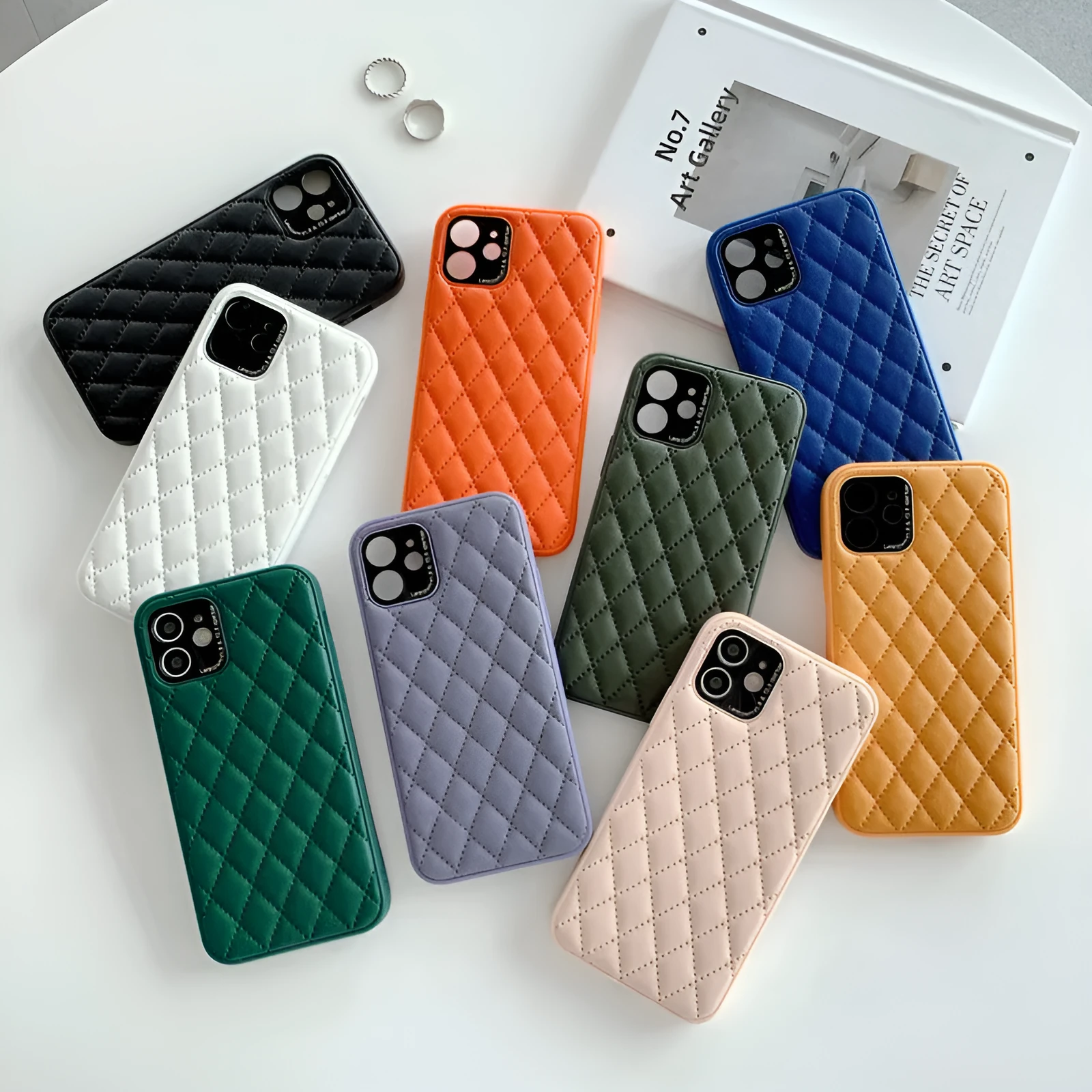 Solid colour diamond plaid imitation leather phone case for iPhone with textured lambskin finish