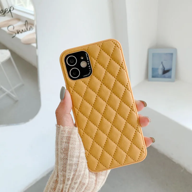 Solid colour diamond plaid imitation leather phone case for iPhone with textured lambskin finish