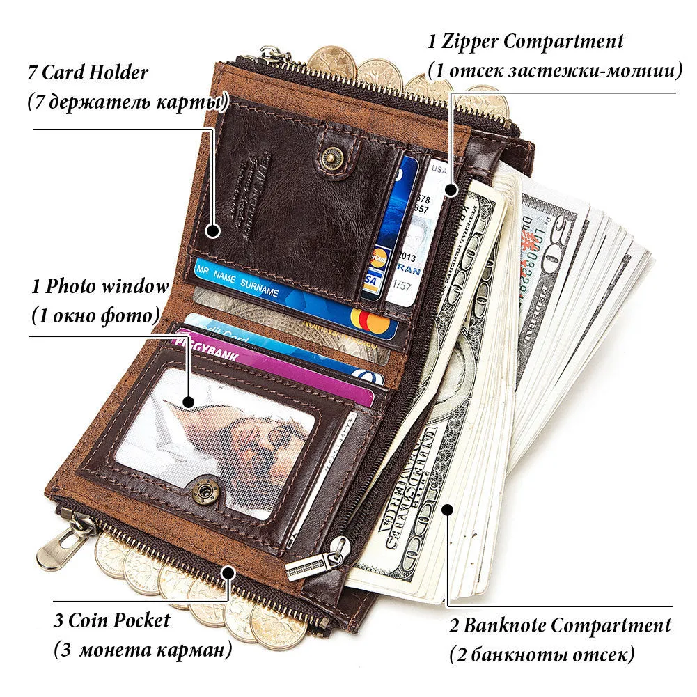 Brown men's leather wallet with chain and RFID anti-theft protection