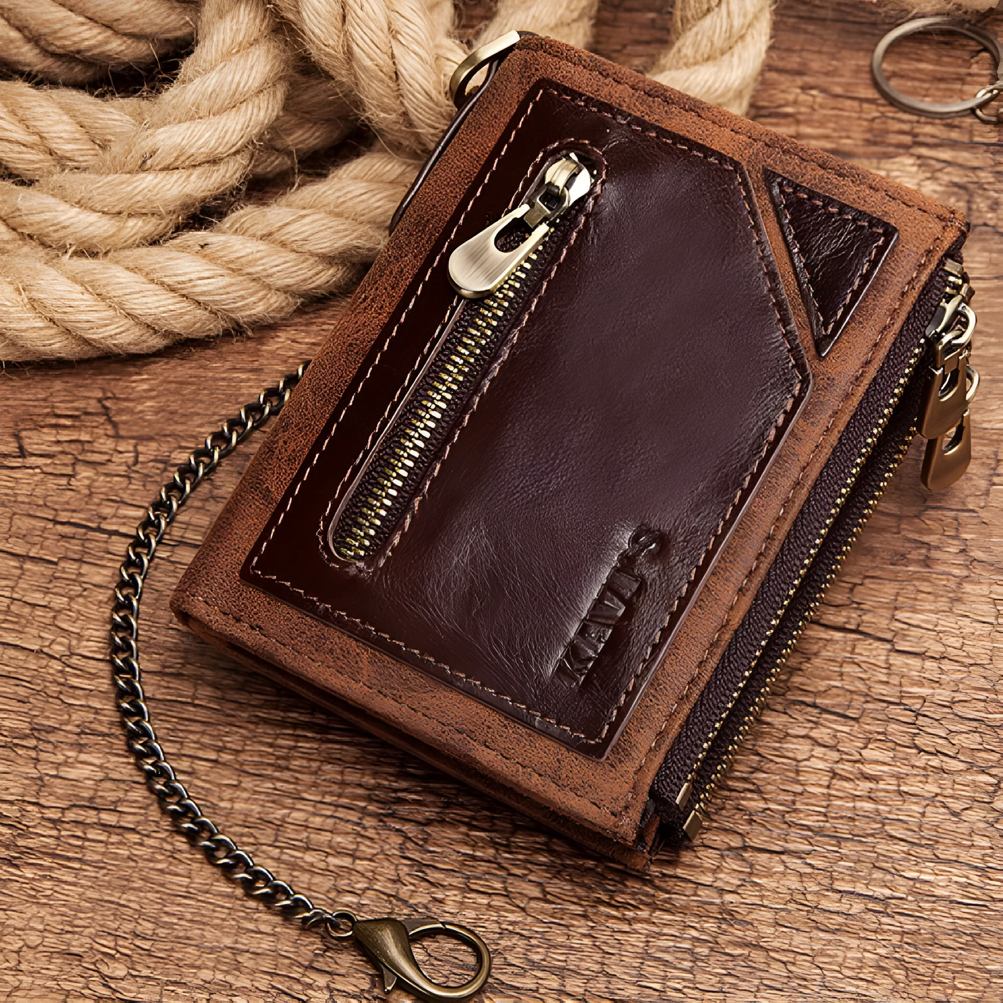 Brown men's leather wallet with chain and RFID anti-theft protection