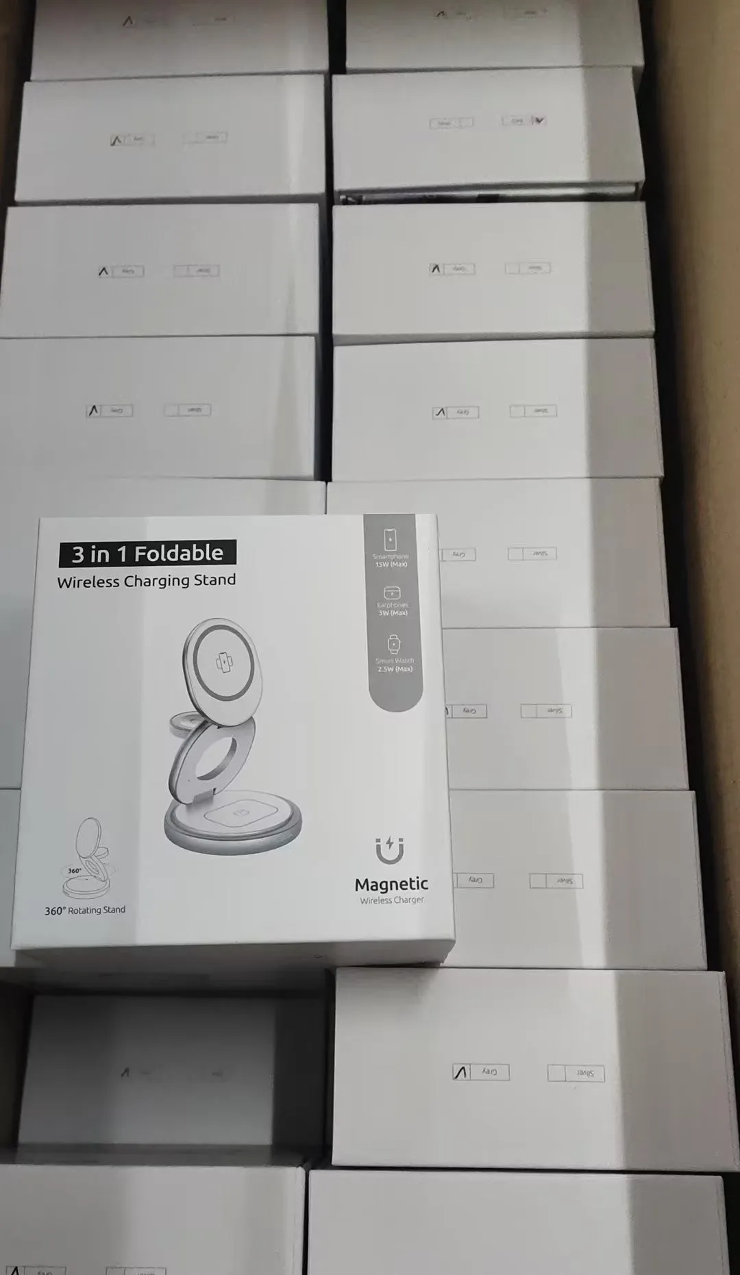 White magnetic three-in-one wireless charger with foldable stand for multiple devices
