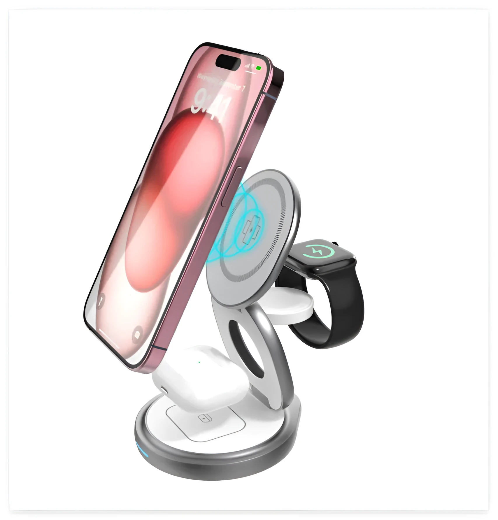 White magnetic three-in-one wireless charger with foldable stand for multiple devices