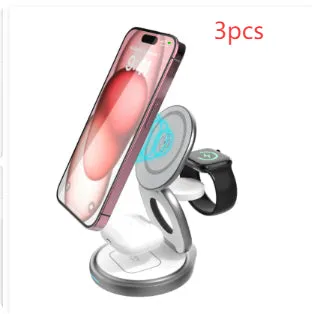 White magnetic three-in-one wireless charger with foldable stand for multiple devices