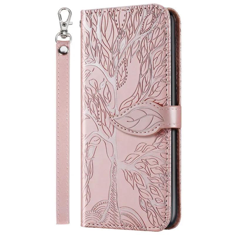 Flip retro lucky tree embossed leather phone case for Samsung with protective kickstand in Lake Blue colour