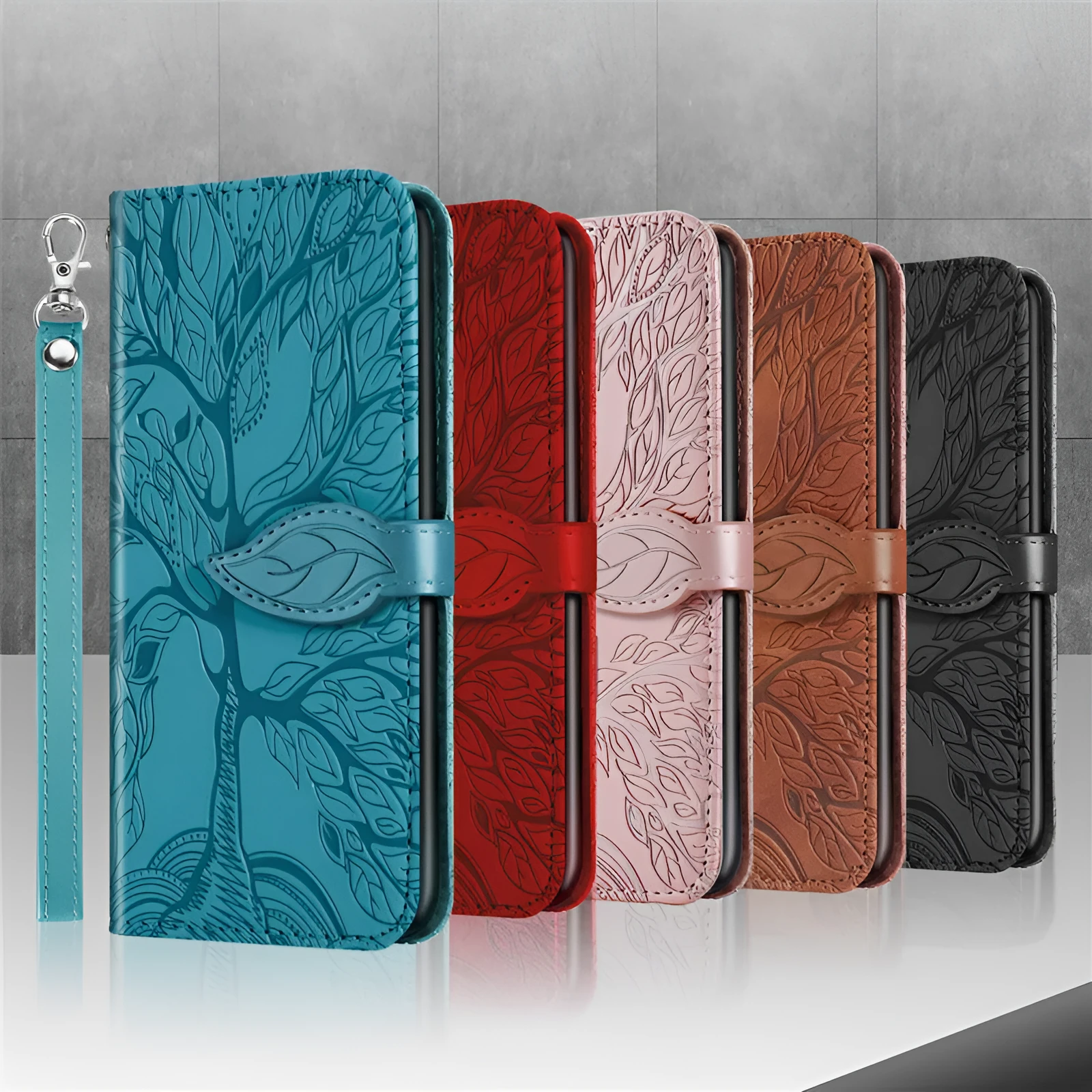 Flip retro lucky tree embossed leather phone case for Samsung with protective kickstand in Lake Blue colour