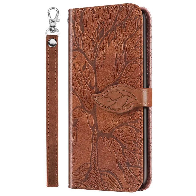 Flip retro lucky tree embossed leather phone case for Samsung with protective kickstand in Lake Blue colour