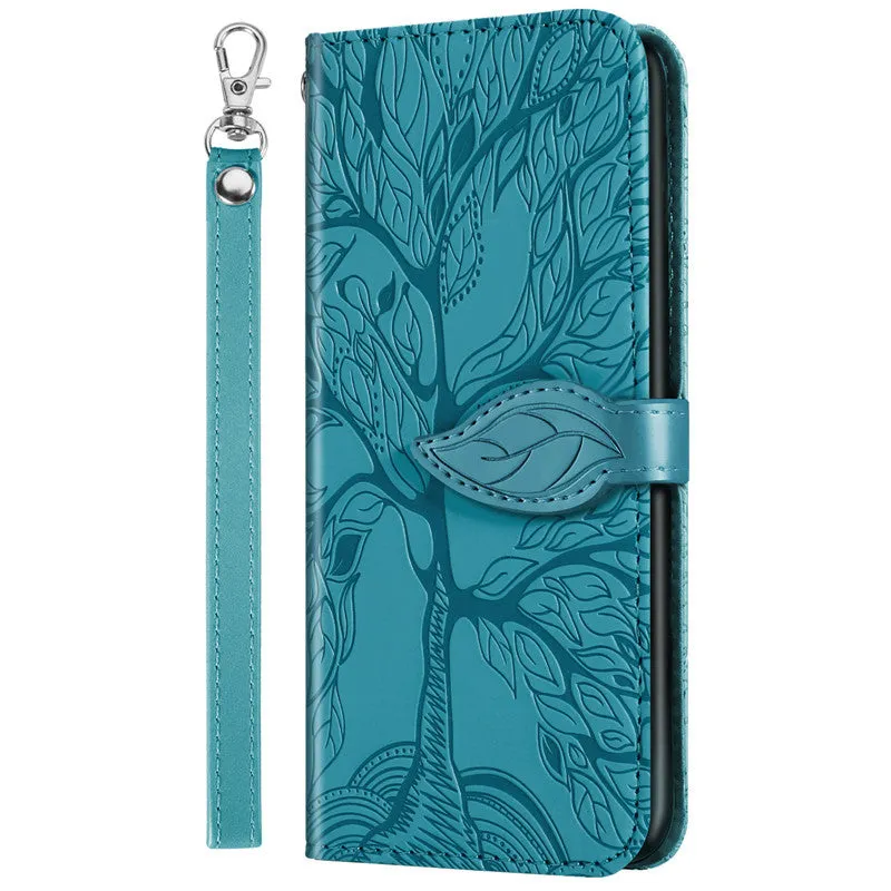 Flip retro lucky tree embossed leather phone case for Samsung with protective kickstand in Lake Blue colour