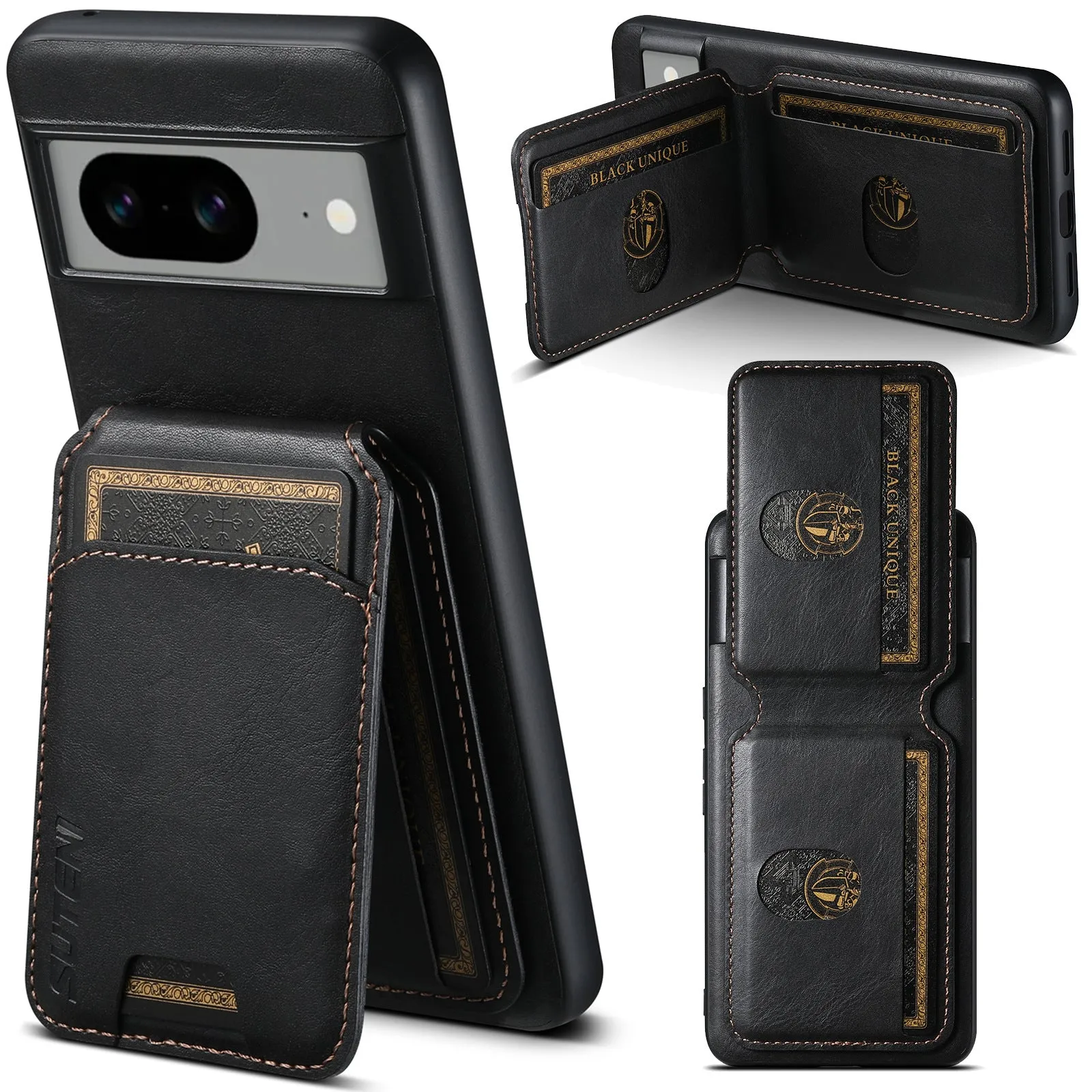 Black PU TPU leather-style back cover phone case with card slot and bracket for Samsung iPhone Google Pixel