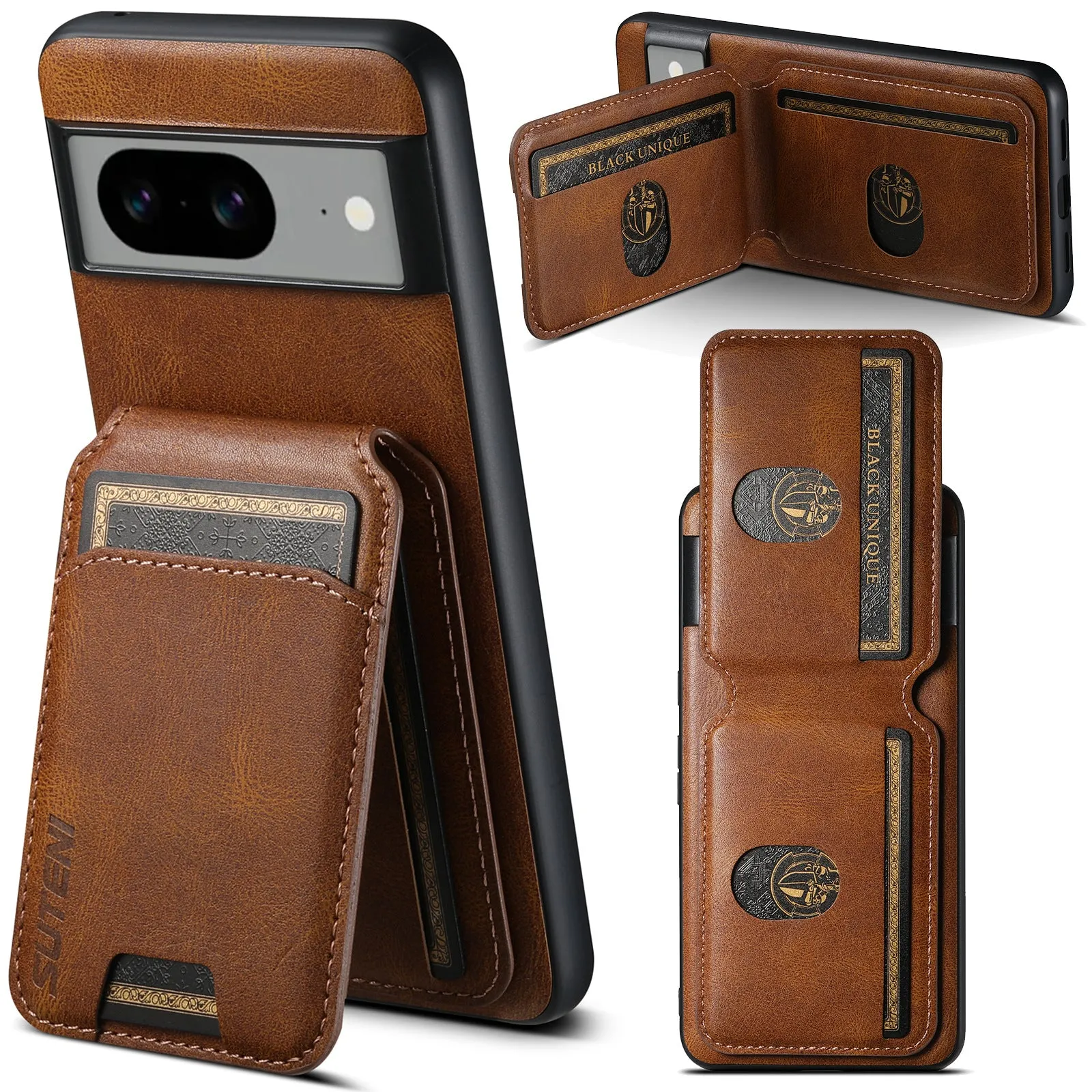 Black PU TPU leather-style back cover phone case with card slot and bracket for Samsung iPhone Google Pixel