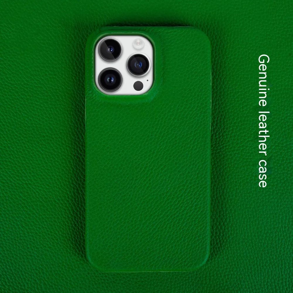 Handmade genuine leather drop-resistant half-pack phone case cover for iPhone 11-15 series in green colour
