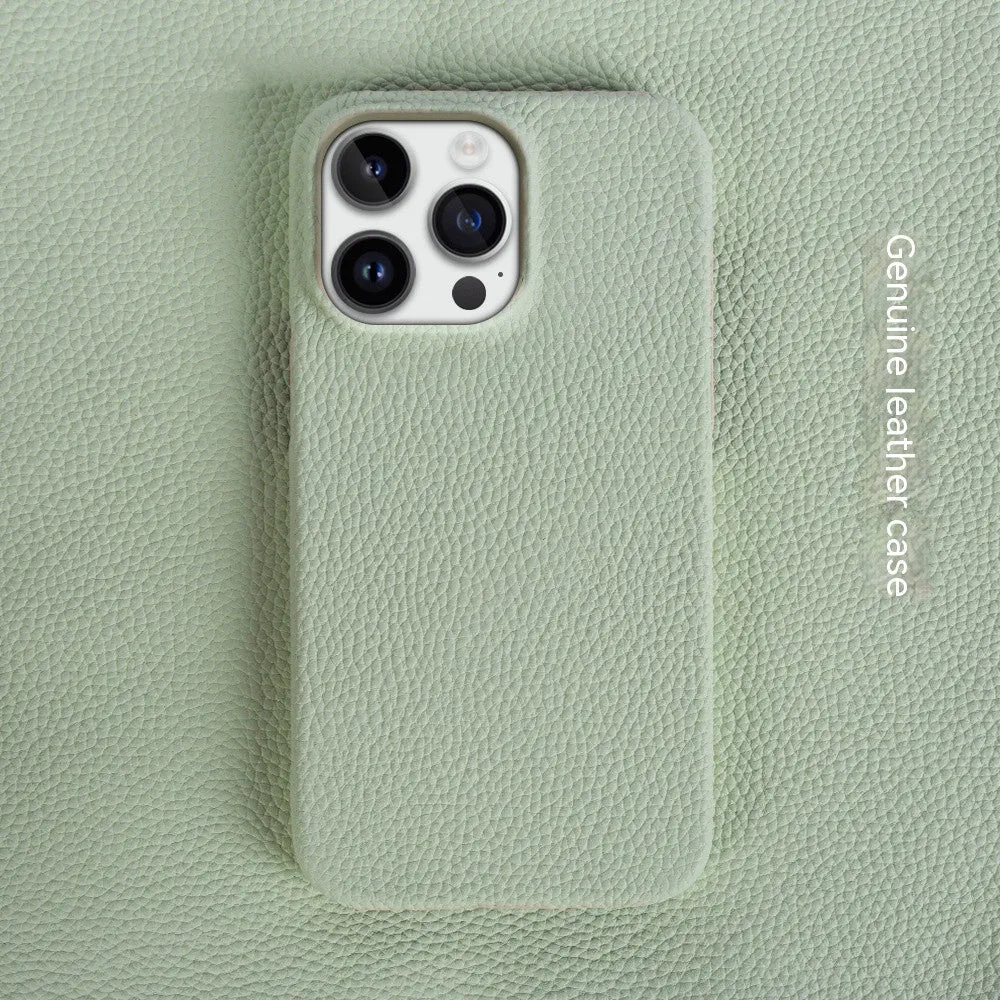 Handmade genuine leather drop-resistant half-pack phone case cover for iPhone 11-15 series in green colour